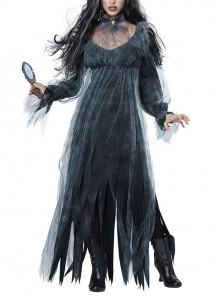 Black Low Collar Long Sleeve Mesh Long Dress Halloween Demon Vampire Zombie Ghost Bride Costume Female