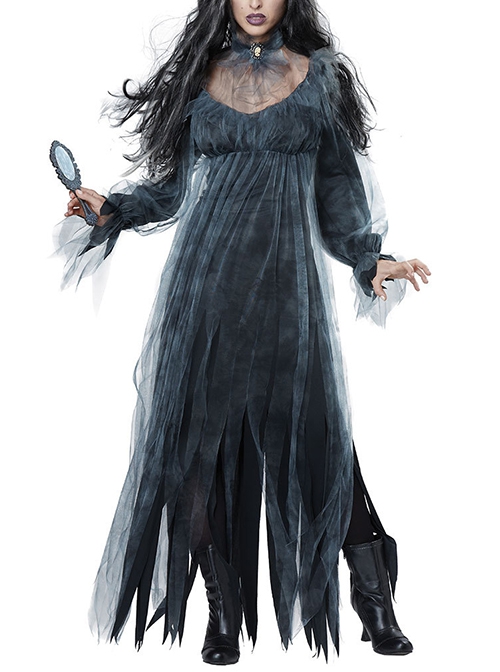 Black Low Collar Long Sleeve Mesh Long Dress Halloween Demon Vampire Zombie Ghost Bride Costume Female