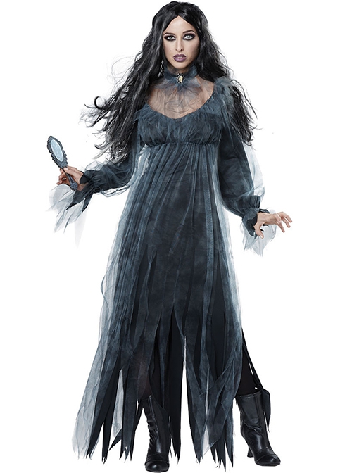 Black Low Collar Long Sleeve Mesh Long Dress Halloween Demon Vampire Zombie Ghost Bride Costume Female