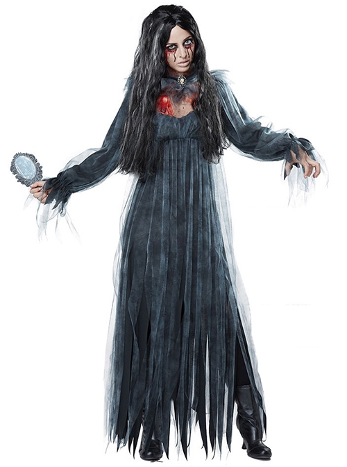 Black Low Collar Long Sleeve Mesh Long Dress Halloween Demon Vampire Zombie Ghost Bride Costume Female