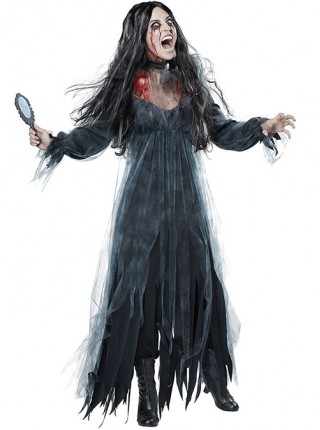 Black Low Collar Long Sleeve Mesh Long Dress Halloween Demon Vampire Zombie Ghost Bride Costume Female