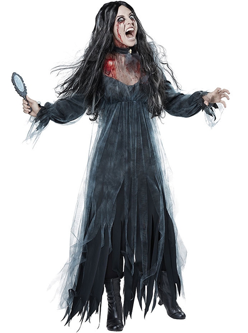 Black Low Collar Long Sleeve Mesh Long Dress Halloween Demon Vampire Zombie Ghost Bride Costume Female