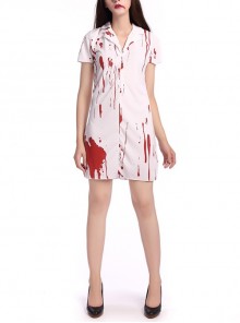 Ghost Nurse White Bloody Short Sleeve Short Dress Set Halloween Zombie Vampire Bride Costume