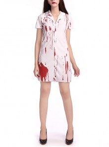 Ghost Nurse White Bloody Short Sleeve Short Dress Set Halloween Zombie Vampire Bride Costume