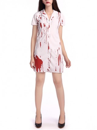 Ghost Nurse White Bloody Short Sleeve Short Dress Set Halloween Zombie Vampire Bride Costume