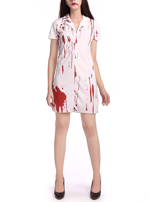 Ghost Nurse White Bloody Short Sleeve Short Dress Set Halloween Zombie Vampire Bride Costume