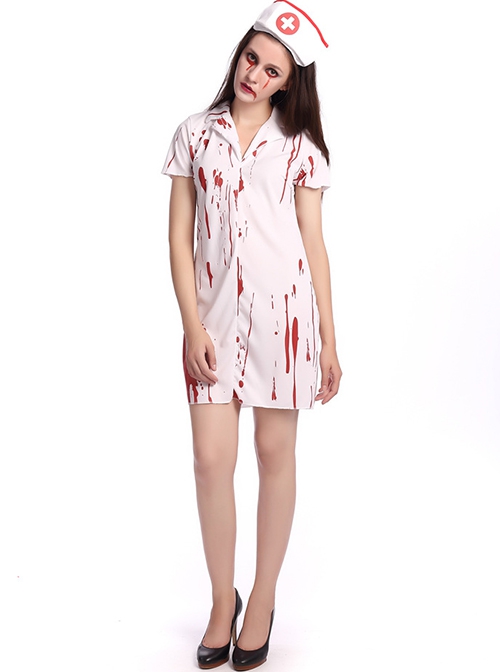 Ghost Nurse White Bloody Short Sleeve Short Dress Set Halloween Zombie Vampire Bride Costume