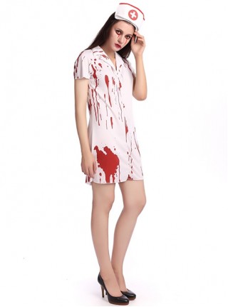 Ghost Nurse White Bloody Short Sleeve Short Dress Set Halloween Zombie Vampire Bride Costume