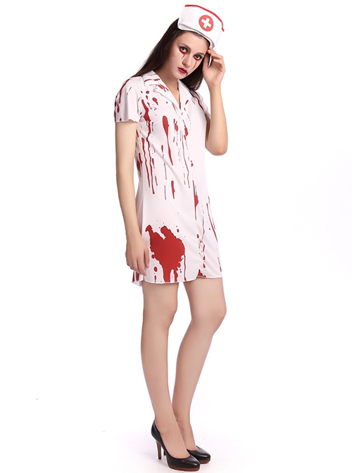 Ghost Nurse White Bloody Short Sleeve Short Dress Set Halloween Zombie Vampire Bride Costume
