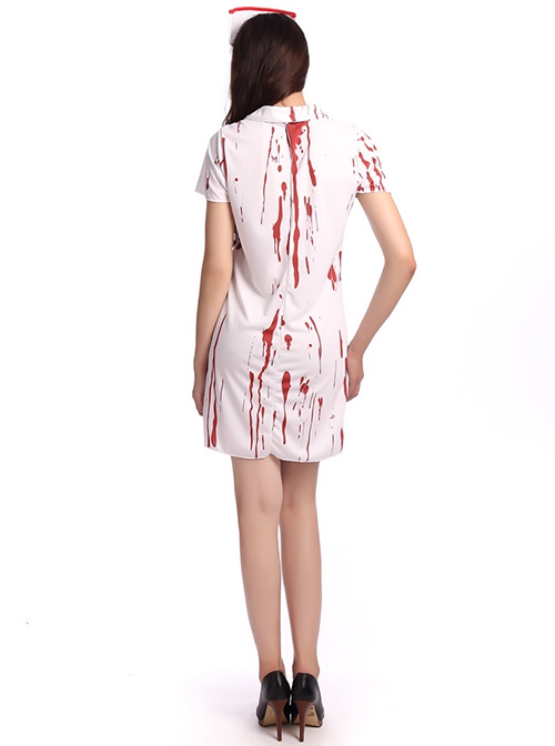 Ghost Nurse White Bloody Short Sleeve Short Dress Set Halloween Zombie Vampire Bride Costume