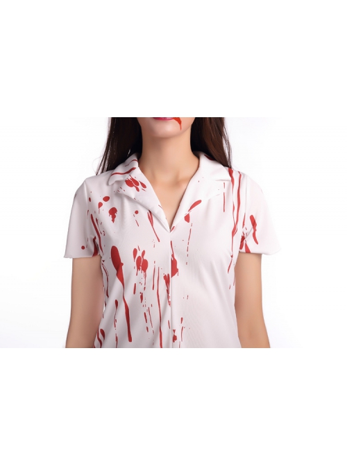 Ghost Nurse White Bloody Short Sleeve Short Dress Set Halloween Zombie Vampire Bride Costume