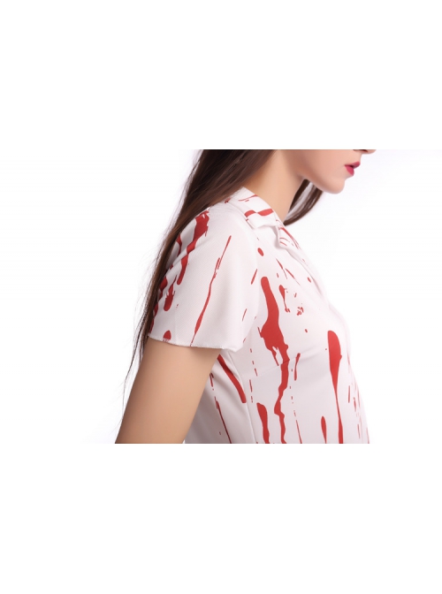 Ghost Nurse White Bloody Short Sleeve Short Dress Set Halloween Zombie Vampire Bride Costume