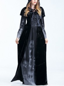 Black Cloak Skeleton Print Long Sleeve Long Dress Set Halloween Witch Vampire Demon Costume Female