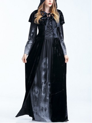 Black Cloak Skeleton Print Long Sleeve Long Dress Set Halloween Witch Vampire Demon Costume Female