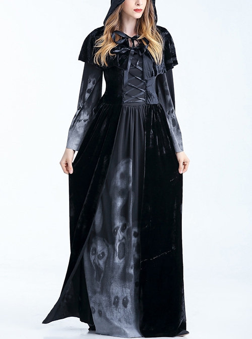 Black Cloak Skeleton Print Long Sleeve Long Dress Set Halloween Witch Vampire Demon Costume Female