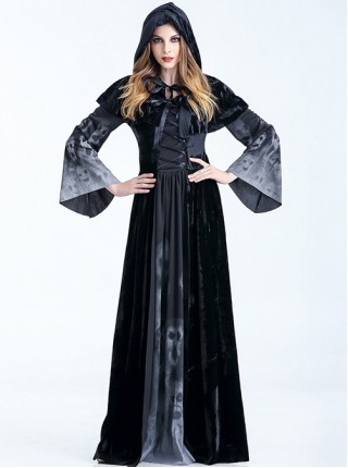 Black Cloak Skeleton Print Long Sleeve Long Dress Set Halloween Witch Vampire Demon Costume Female