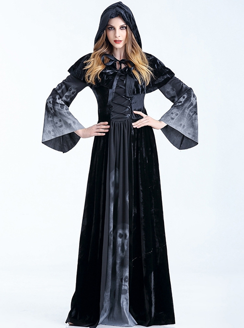 Black Cloak Skeleton Print Long Sleeve Long Dress Set Halloween Witch Vampire Demon Costume Female