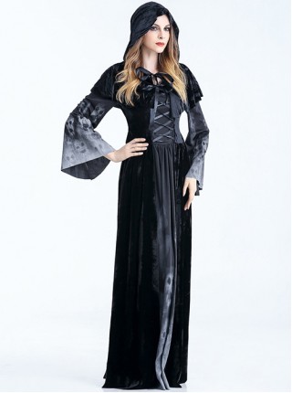 Black Cloak Skeleton Print Long Sleeve Long Dress Set Halloween Witch Vampire Demon Costume Female