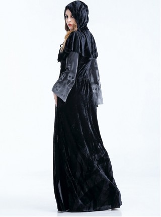 Black Cloak Skeleton Print Long Sleeve Long Dress Set Halloween Witch Vampire Demon Costume Female