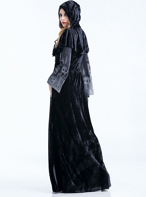 Black Cloak Skeleton Print Long Sleeve Long Dress Set Halloween Witch Vampire Demon Costume Female