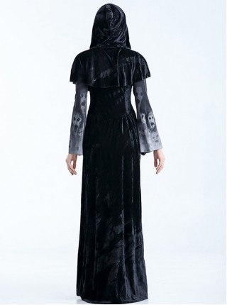 Black Cloak Skeleton Print Long Sleeve Long Dress Set Halloween Witch Vampire Demon Costume Female