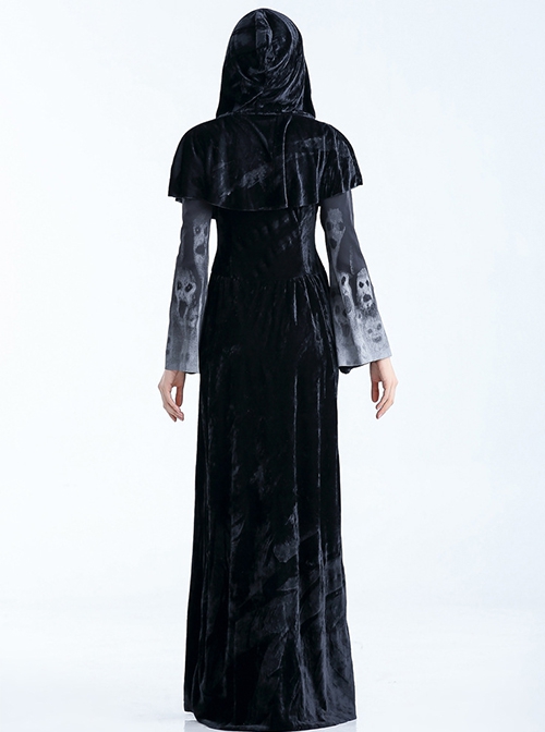 Black Cloak Skeleton Print Long Sleeve Long Dress Set Halloween Witch Vampire Demon Costume Female