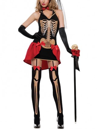 Horror Elegance Black-red Bow Skeleton Sling Short Dress Vampire Set Halloween Ghost Bride Costume Female