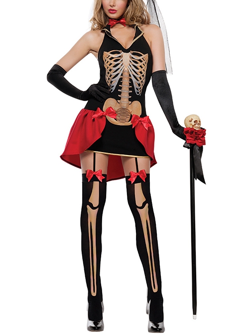 Horror Elegance Black-red Bow Skeleton Sling Short Dress Vampire Set Halloween Ghost Bride Costume Female