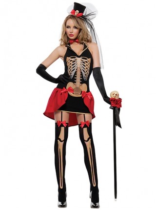 Horror Elegance Black-red Bow Skeleton Sling Short Dress Vampire Set Halloween Ghost Bride Costume Female