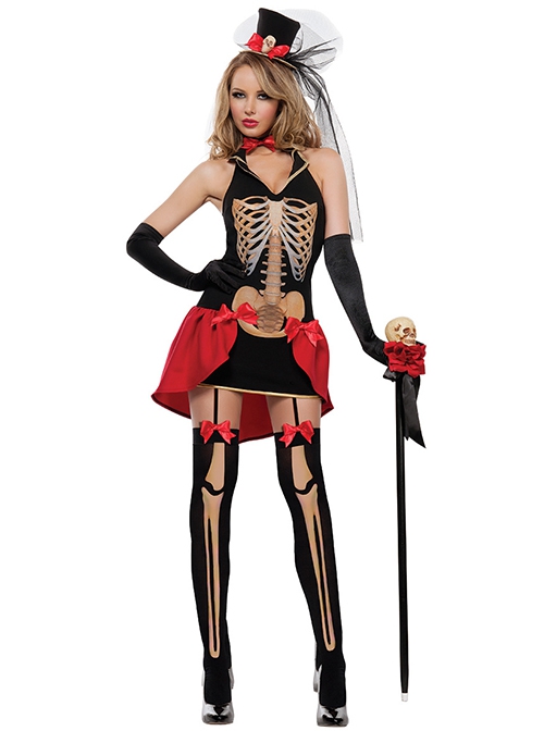 Horror Elegance Black-red Bow Skeleton Sling Short Dress Vampire Set Halloween Ghost Bride Costume Female