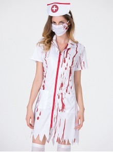 Ghost Nurse White Short Sleeves Short Dress Set Halloween Bloody Mary Zombie Vampire Costume Female