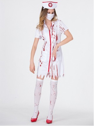 Ghost Nurse White Short Sleeves Short Dress Set Halloween Bloody Mary Zombie Vampire Costume Female