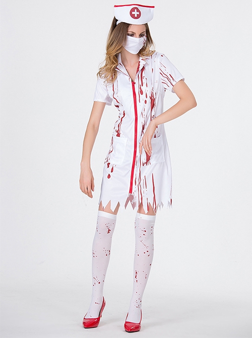 Ghost Nurse White Short Sleeves Short Dress Set Halloween Bloody Mary Zombie Vampire Costume Female