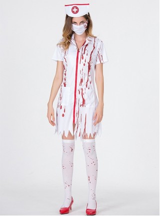 Ghost Nurse White Short Sleeves Short Dress Set Halloween Bloody Mary Zombie Vampire Costume Female