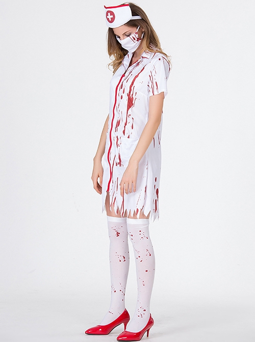 Ghost Nurse White Short Sleeves Short Dress Set Halloween Bloody Mary Zombie Vampire Costume Female