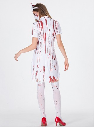 Ghost Nurse White Short Sleeves Short Dress Set Halloween Bloody Mary Zombie Vampire Costume Female