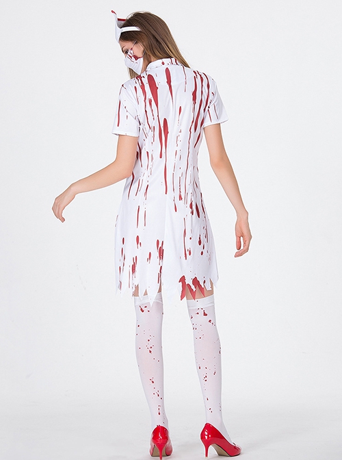 Ghost Nurse White Short Sleeves Short Dress Set Halloween Bloody Mary Zombie Vampire Costume Female