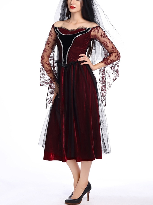 Long Dark Red Boat Collar Ghost Bride Dress Rose Veil Set Halloween Vampire Devil Demon Costume Female