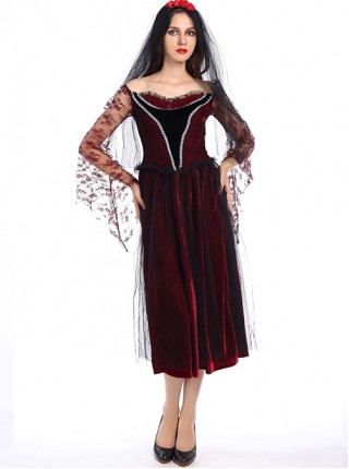 Long Dark Red Boat Collar Ghost Bride Dress Rose Veil Set Halloween Vampire Devil Demon Costume Female