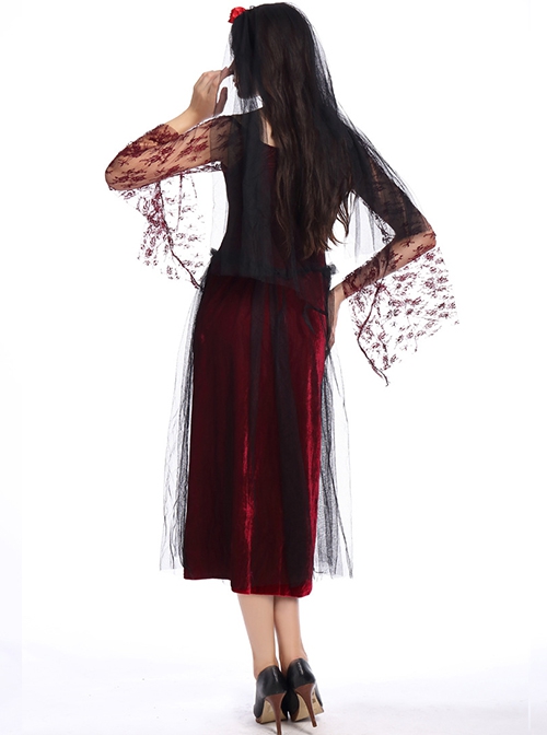 Long Dark Red Boat Collar Ghost Bride Dress Rose Veil Set Halloween Vampire Devil Demon Costume Female