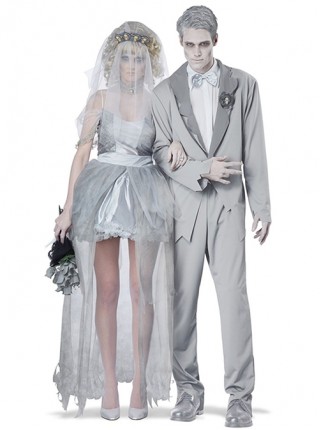 Silver Short Long Back Hem Sling Wedding Veil Dress Set Elegant Purity Halloween Ghost Bride Zombie Vampire Couple Costume Female