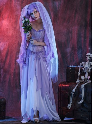 Purple Long Mystery Charming Long Veil Tube Top Dress Set Halloween Ghost Doll Bride Costume