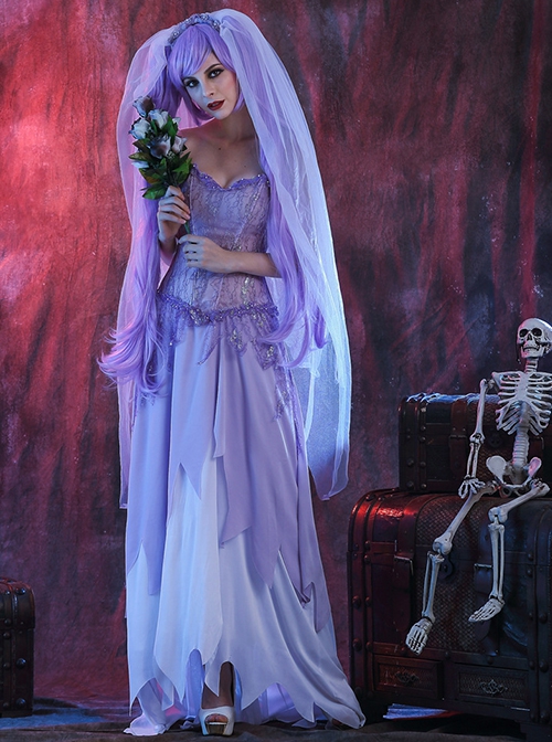 Purple Long Mystery Charming Long Veil Tube Top Dress Set Halloween Ghost Doll Bride Costume