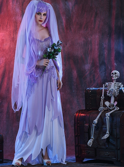 Purple Long Mystery Charming Long Veil Tube Top Dress Set Halloween Ghost Doll Bride Costume