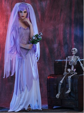 Purple Long Mystery Charming Long Veil Tube Top Dress Set Halloween Ghost Doll Bride Costume