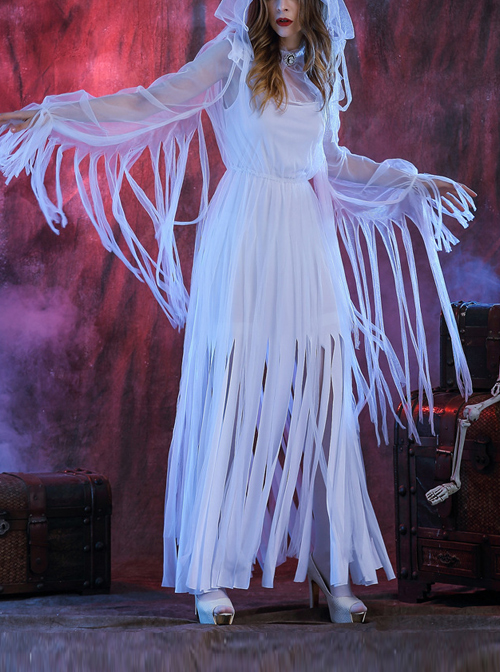 White Long Sleeveless Split Hem Mesh Ribbon Decoration Dress Scary Thriller Halloween Ghost Bride Vampire Zombie Costume Female