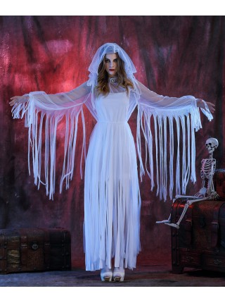 White Long Sleeveless Split Hem Mesh Ribbon Decoration Dress Scary Thriller Halloween Ghost Bride Vampire Zombie Costume Female