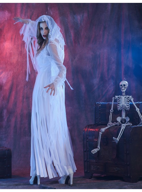White Long Sleeveless Split Hem Mesh Ribbon Decoration Dress Scary Thriller Halloween Ghost Bride Vampire Zombie Costume Female