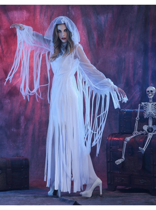 White Long Sleeveless Split Hem Mesh Ribbon Decoration Dress Scary Thriller Halloween Ghost Bride Vampire Zombie Costume Female