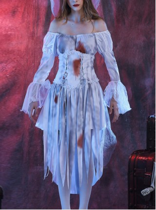 Long Grey-white Boat Neck Lace Long Sleeve Bleeding Dress Thriller Bloody Halloween Ghost Bride Zombie Vampire Costume Female